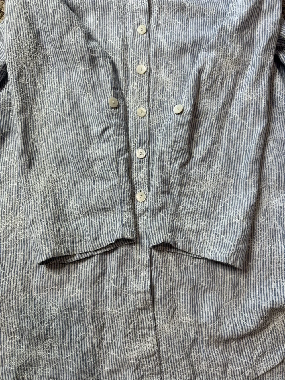 FLAX 100% Linen Button-Down Roll-Tab Floral Embroidered Tunic Shirt Dress size M